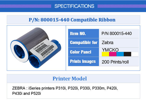 Zebra P330i P430i Ruban d'imprimante 800015-440 YMCKO Couleur pour 200 impressions de cartes de visite